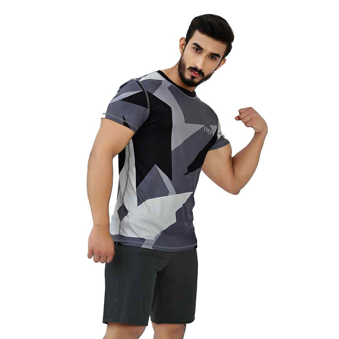 Grey Pattern Mens Sports T shirt | Trex